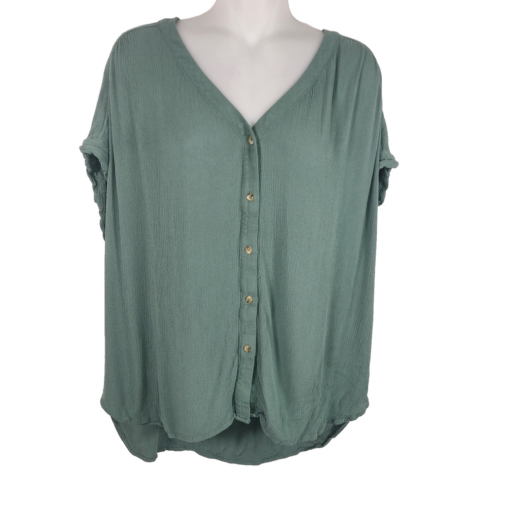 Orvis Women Button Front Relaxed Fit Woven Crepe Blouse L Green Dolman Roll Cuff